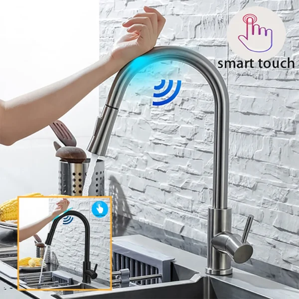 DQOK Kitchen Faucet Pull Out Brushed Nickle Sensor Stainless Steel Black Smart Induction Mixed Tap Touch Control Sink Tap 1